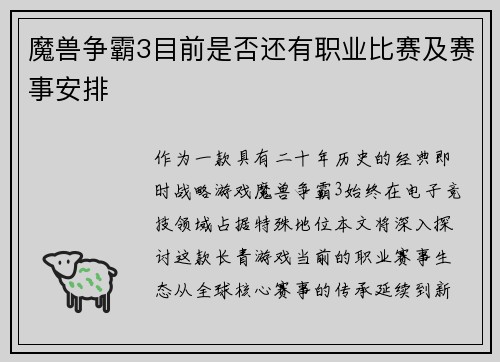 魔兽争霸3目前是否还有职业比赛及赛事安排