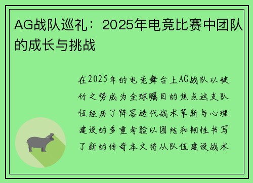 AG战队巡礼：2025年电竞比赛中团队的成长与挑战